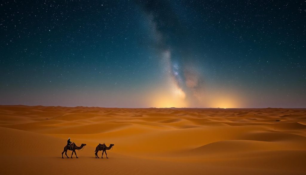 Sand dunes at night under a starry sky